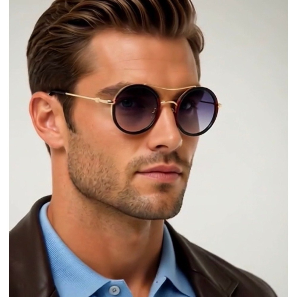 Mens Round Steampunk Sunglasses Gold Black Red Green Frame Gradient Lens Fashion